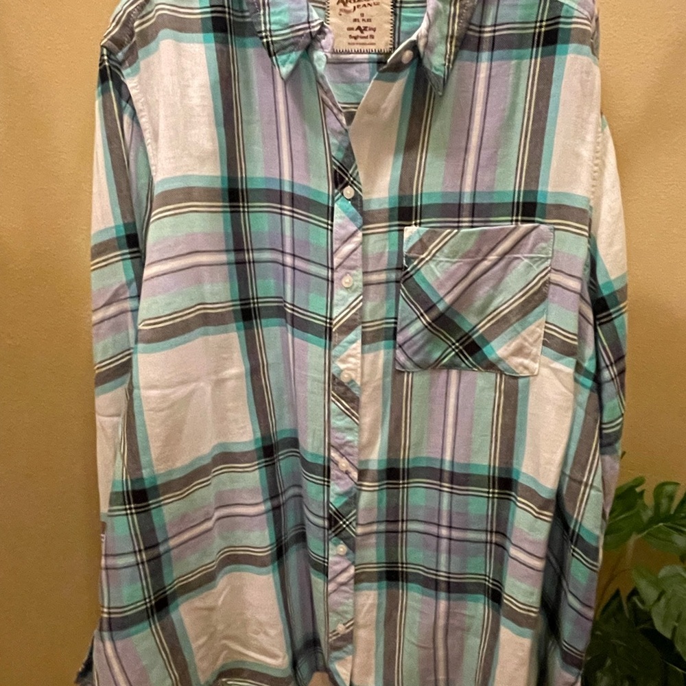Arizona Jeans 1X turquoise and purple soft flannel plaid button up shirt
